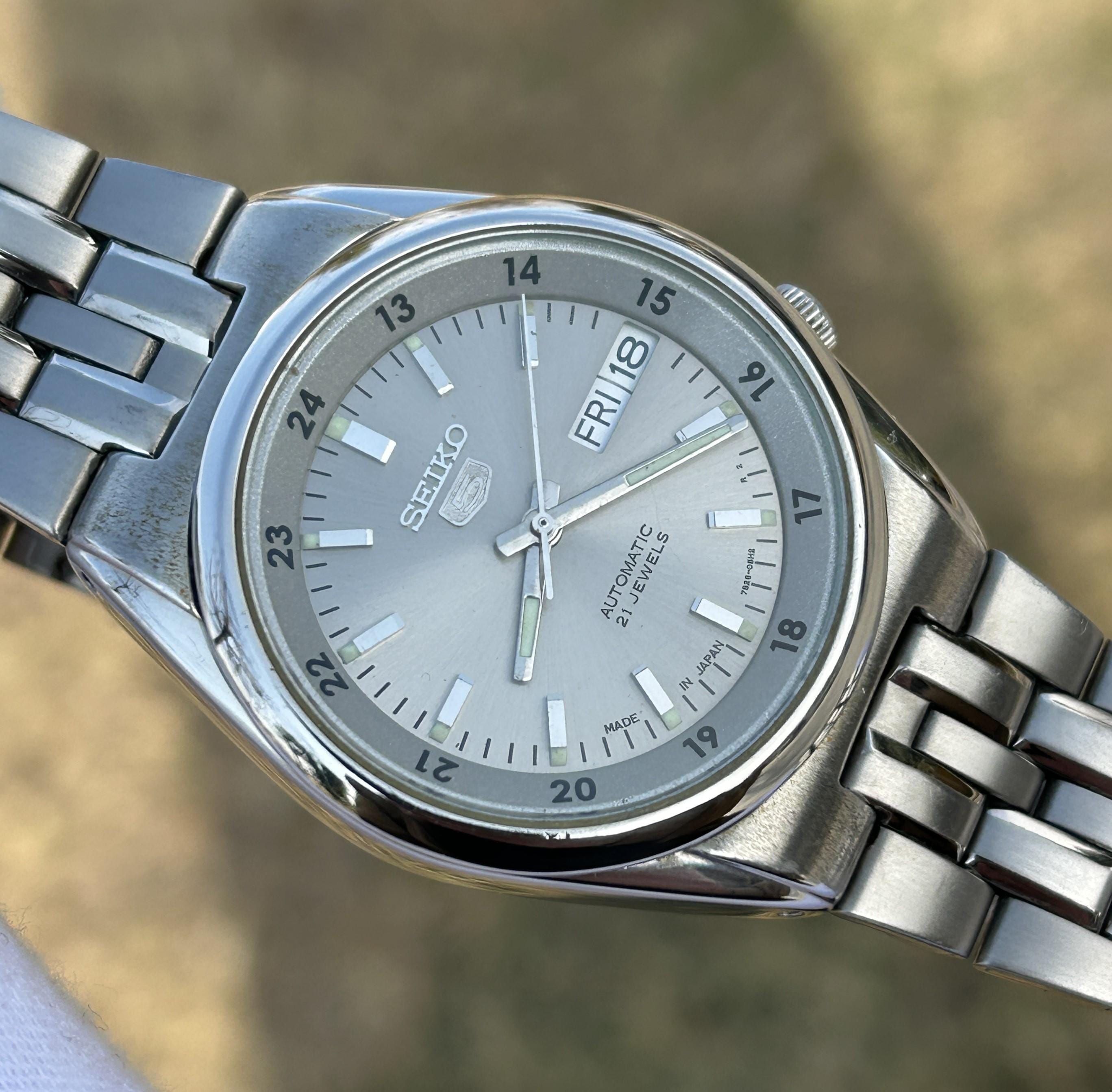 Vintage Seiko 5 Automatic Watch Gray Railway Dial, Stainless Steel