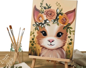 Floral Cat Paint Kit, Reference Photo, Step- by Step Instructions, Transfer Tracer, Basic Color Guide, Paints, Brushes. Apron, Canvas