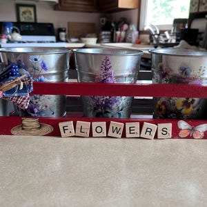 Farmhouse Flower Pot Planter, Rustic Red Wooden Planter Box, Floral Metal Pots, Country Bow, Spring Garden Decor, Patio or window sitter