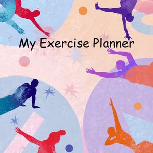 Puede incluir: Un planificador de ejercicios colorido con un fondo texturizado. La portada presenta figuras estilizadas en tonos de rojo, morado, azul y naranja, sobre un fondo de círculos pastel y estrellas. El texto "My Exercise Planner" se muestra de forma destacada.