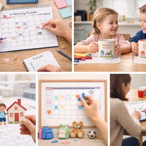 May include: A collage of images showing a co-parenting planner, mugs, and decorative items. The planner has a calendar with colorful stickers. Two mugs read "Mum's house" and "Dad's house". Other items include a teddy bear, soccer ball, and miniature houses.