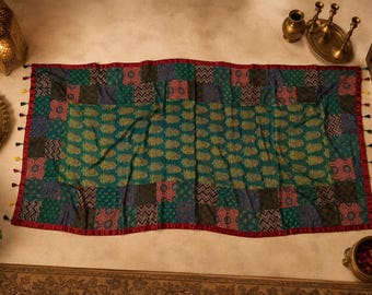 Gajji Silk Ajrakh Patchwork Dupatta | Handstitched Teal Green Shawl (Tassel Trim)