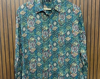 Geometric Rayon Men's Shirt | Teal Green Vintage 90s Print