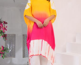 Handmade Tie Dye Kaftan Dress | Rayon Crepe Boho Beach Cover Up