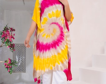 Handmade Tie Dye Kaftan Dress | Rayon Crepe Boho Beach Cover Up