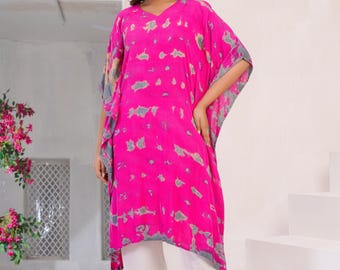 Handmade Pink Tie Dye Kaftan Dress | Abstract Bohemian Maxi Beachwear