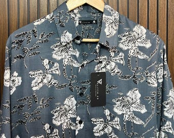 Velito.co Men’s Smoke Grey Shirt with White Botanical Print | Rayon Long Sleeve Shirt