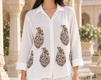Women’s White Crepe Shirt, Hand Block Floral Print, Lightweight Soft Summer Blouse, Relaxed Fit