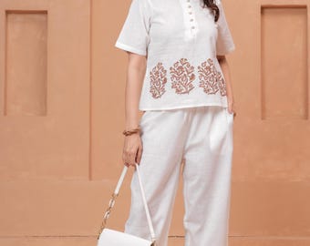 Hand Block Print Linen Co-ord Set | White Ethnic Summer Outfit, Boho Lounge Wear