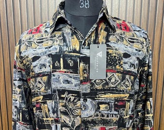 Velitto.co Abstract Gold Foil Rayon Shirt | Men's Partywear