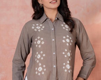 Brown Bandhani Cotton Slub Shirt | Linen Look Top, High Low Hem