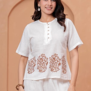 Hand Block Print Linen Co-ord Set | White Ethnic Summer Outfit, Boho Lounge Wear