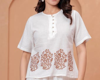 Conjunto de lino estampado a mano / Atuendo étnico blanco de verano, ropa de estar por casa estilo boho