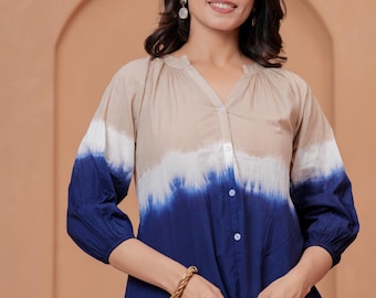 Cotton Tie Dye Ombre Blouse | Beige Blue Boho Button Down Top