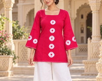 Women’s Pink Tie Dye Short Kurti, Rayon Square Neck Tunic, Bell Sleeve Boho Top
