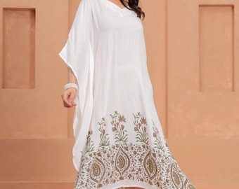 Womens Kaftan Dress | Hand Block Print | Rayon Crepe | Beach Wear