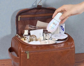 PU Leather Toiletry Bag for Women and Men, Travel Cosmetic Organizer, Brown Makeup Case, Waterproof Dopp Kit for Trips