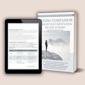 Peut inclure: Une tablette noire affichant un document avec du texte et un guide de référence intitulé "Coding Companion Therapy Documentation Billing Support" avec une image de montagne. Le guide est destiné aux prestataires de soins intégrant la thérapie.