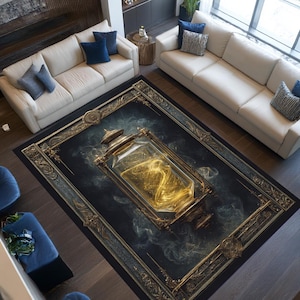 May include: A rectangular rug with a dark blue backdrop and a gold, ornate border. The rug showcases a central design of a gold, ornate bottle containing swirling golden liquid. The rug is in a living room with cream sofas and blue accent cushions.