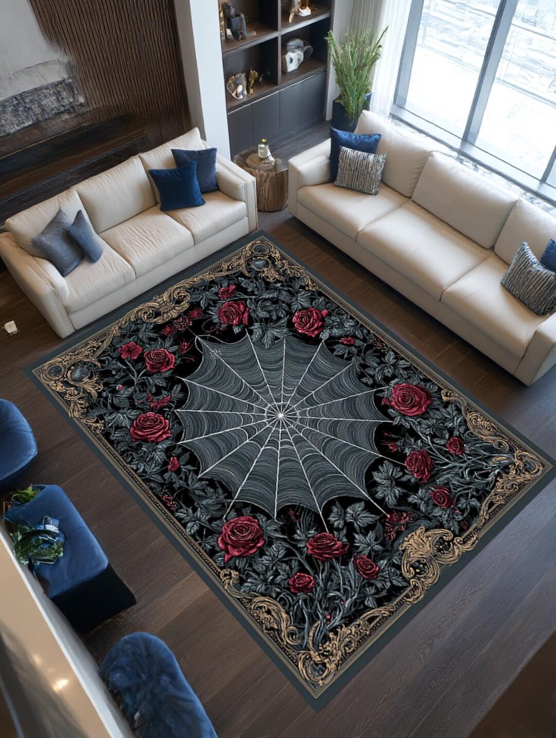 Gothic Spider Web Rug, Dark Academia Rose Decor, Occult Floral ...