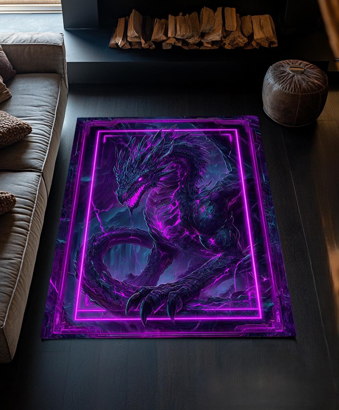 Cyperpunk Rug Neon Dragon Rug, Cyberpunk Gamer Room Decor - Etsy