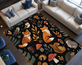 Woodland Animals Rug Forest Nursery Decor Whimsical Fox Owl Mushroom Cottagecore Area Rug
