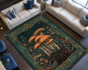 Whimsical Mushroom Rug, Art Nouveau Cottagecore Area Rug