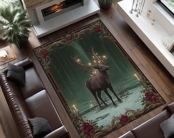 Woodland Deer Rug, Rustic Animal Carpet, Vintage Style Area Rug, Cozy Nature-Inspired Christmas Decor