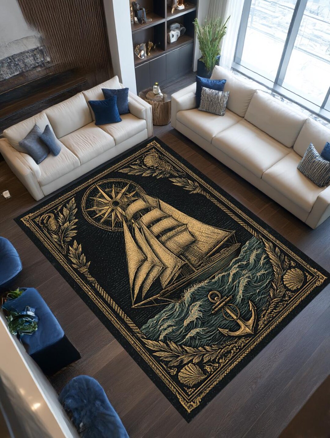 Vintage Tall Ship Rug, Nautical Compass Ocean Area Carpet, Black Gold ...