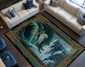 Mystical Deer Rug, Aurora Night Sky, Woodland Home Decor