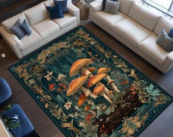Enchanted Mushroom Rug, Botanical Art Nouveau Decor