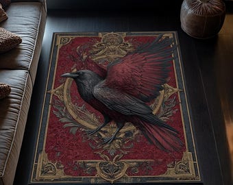 Alfombra gótica Raven, decoración Dark Academia, roja y dorada