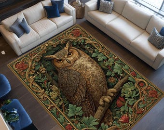 Botanical Owl Rug, Gothic Forest Art Rug
