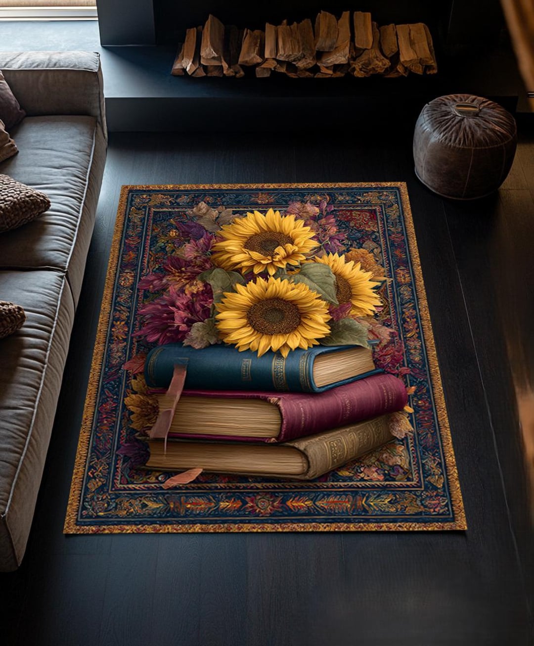 Lextra Book Rug Sunflower & Vintage Books Rug, Dark Academia Botanical Carpet - Etsy