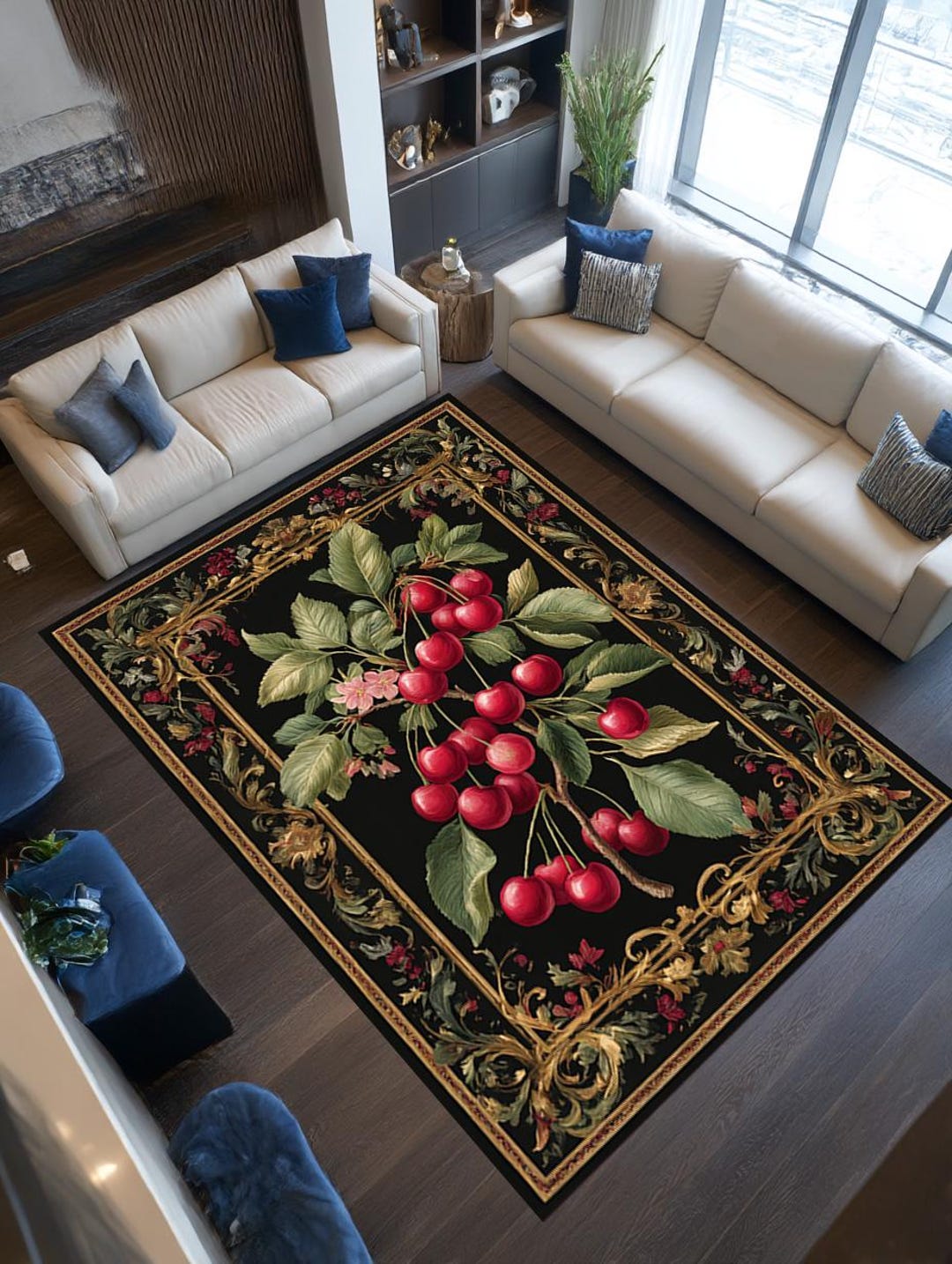 Vintage Cherry Rug, Botanical Fruit Art Area Rug, Dark Cottagecore ...