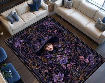 Tapete Floral Escuro com Estampa de Bruxa, Tapete Botânico Gótico Dark Academia