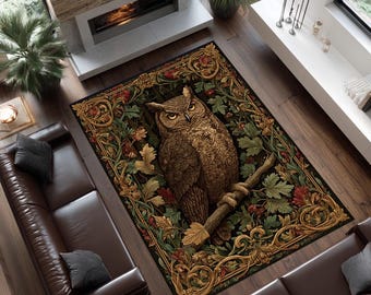 Gothic Owl Rug, Dark Academia Botanical Forest Area Rug