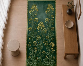 Yellow Wildflower Botanical Runner Rug, Emerald Green Floral Hallway Runner, Vintage Art Nouveau Carpet, Entryway Kitchen Home Decor