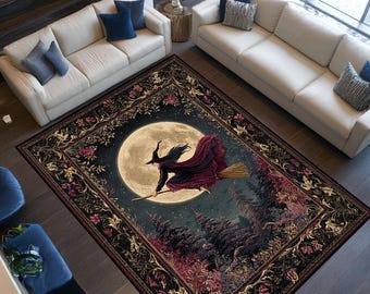 Moon Witch Rug, Gothic Dark Academia Flying Witch Area Rug