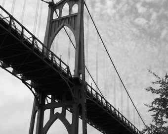 St. Johns Bridge Photograph, 8x12 Black & White, Cathedral Park,  Portland, Oregon