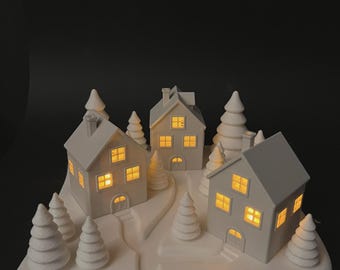 Casitas navideñas acogedoras impresas en 3D con portavelas - Decoraciones festivas para pueblos navideños con cálido resplandor