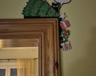 Decoración navideña con diseño de gato impreso en 3D derribando el árbol de Navidad: decoración felina divertida para las fiestas
