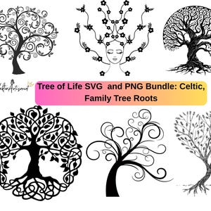 Peut inclure: Une collection de motifs d'arbres en noir et blanc, comprenant des illustrations celtiques et de racines d'arbres généalogiques. Les motifs varient en style, des silhouettes d'arbres détaillées aux motifs stylisés et tourbillonnants. Texte : Tree of Life SVG and PNG Bundle: Celtic, Family Tree Roots.