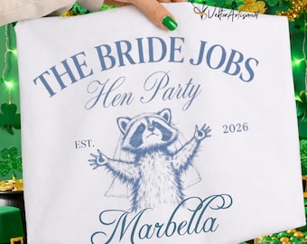 Waschbär-Braut (PNG/SVG), Lustiger Junggesellinnenabschied Marbella 2026 (Digitaler Download), Waschbär-Design für den Junggesellinnenabschied, Retro-Grafik für die Brautjungfern