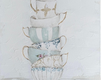 Original Still Life Painting &#39;Teacup Stack in Blues and Tans&#39;