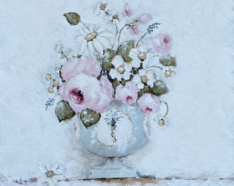 Original Still Life Painting 'Pink Roses in Vintage Blue Vase'