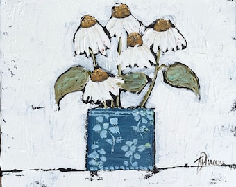 Original Still Life Painting &#39;White Echinacea&#39;s in Blue Floral Vase&#39;