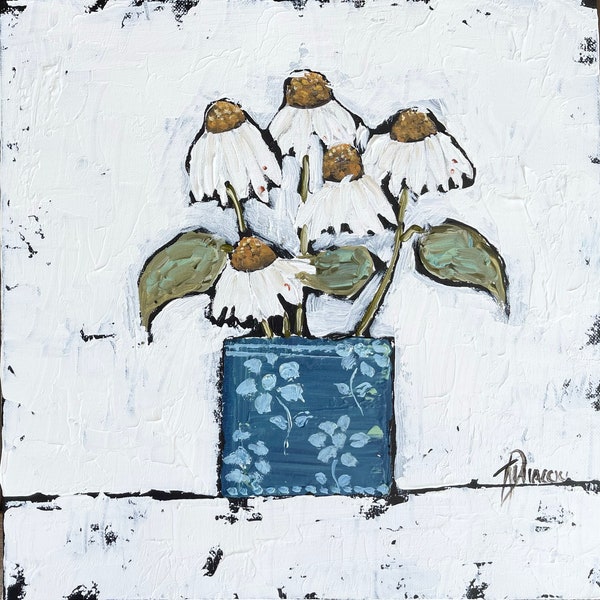 Original Still Life Painting 'White Echinacea's in Blue Floral Vase'