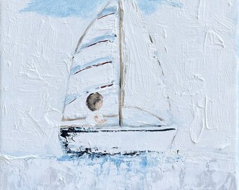 Original Coastal Painting Boy in Boat Coastal