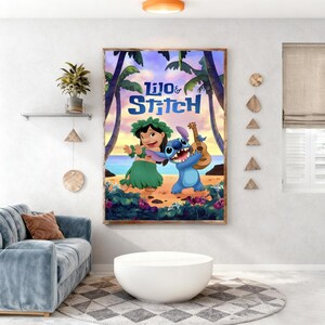 May include: A framed poster featuring the characters Lilo and Stitch from the Disney film. The artwork shows Lilo in a green hula skirt and Stitch playing a ukulele on a beach with palm trees and a sunset background. The title "Lilo & Stitch" is displayed.